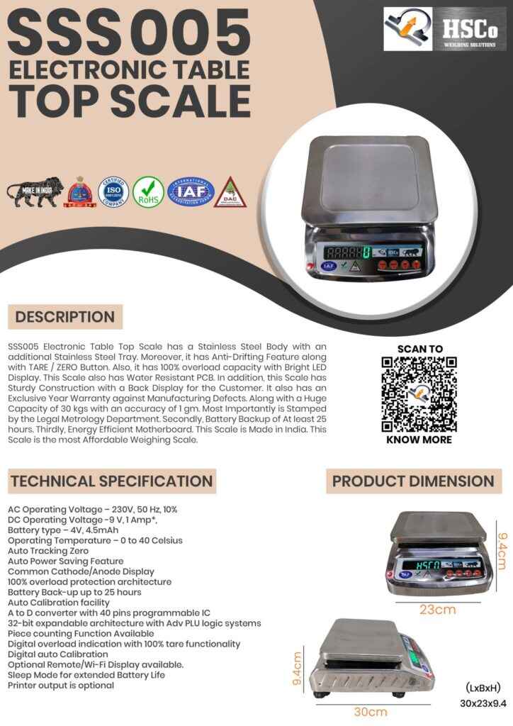 Electronic Table Top Scale - SSS30 - Hindustan Scale Company